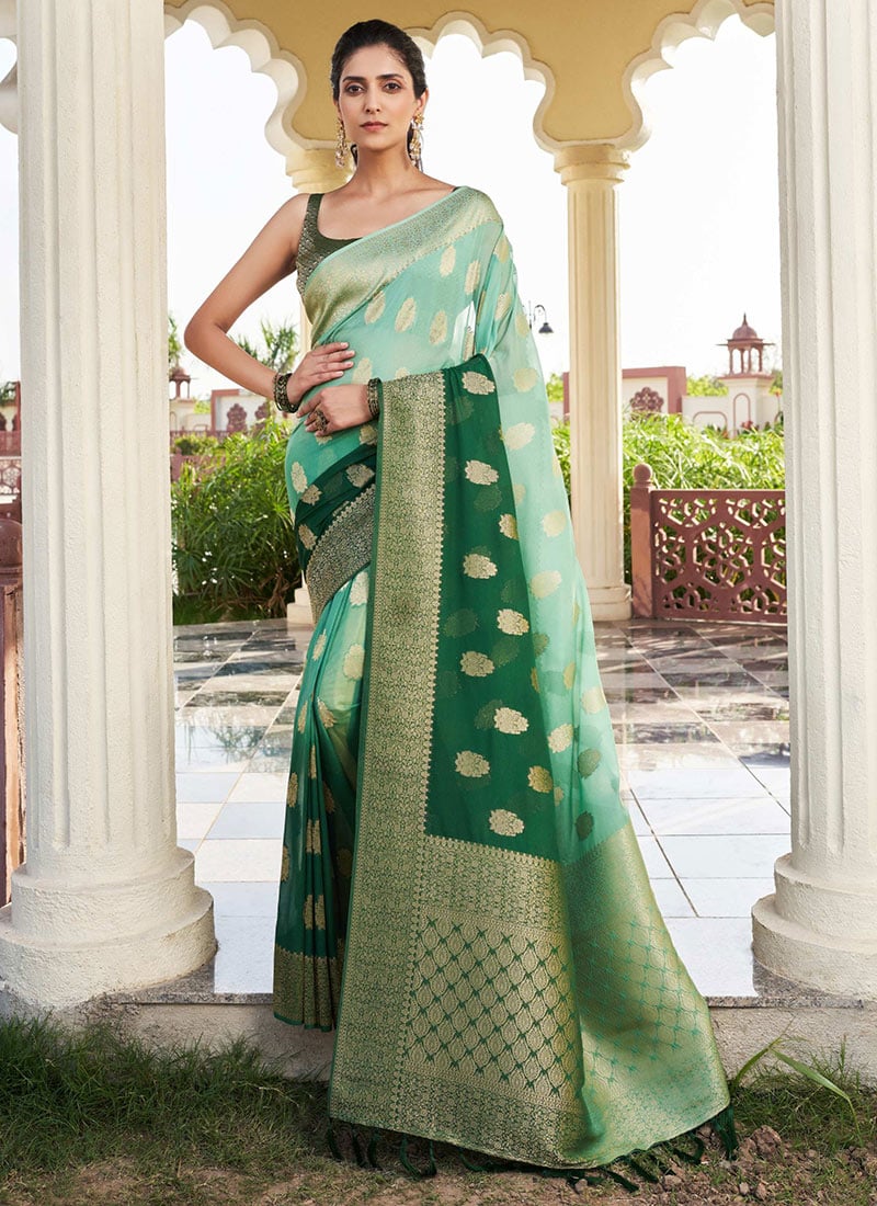 Green Georgette Zari Woven Saree Festive Wear