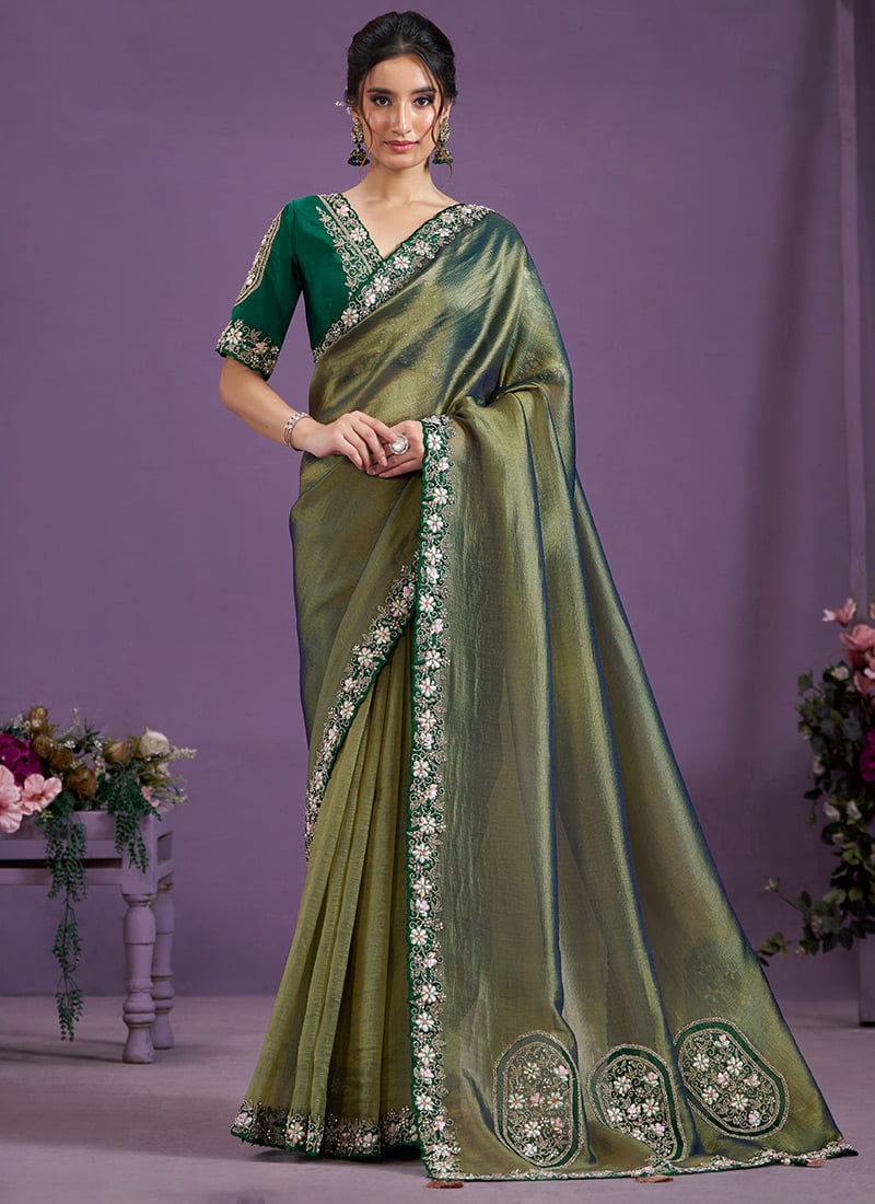 Green Glass Tissue Embroidered Stone And Beads Sequins Hand Work Saree Wedding Wear
