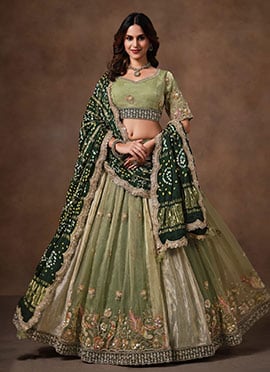 Green Glass Tissue Pure Bandhej Embroidered Sequins Stone Lehenga