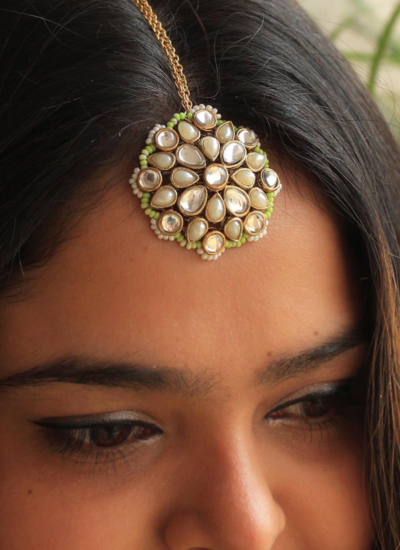 Green Gold Plated Kundan And Beads Mangtikka Festive Wear