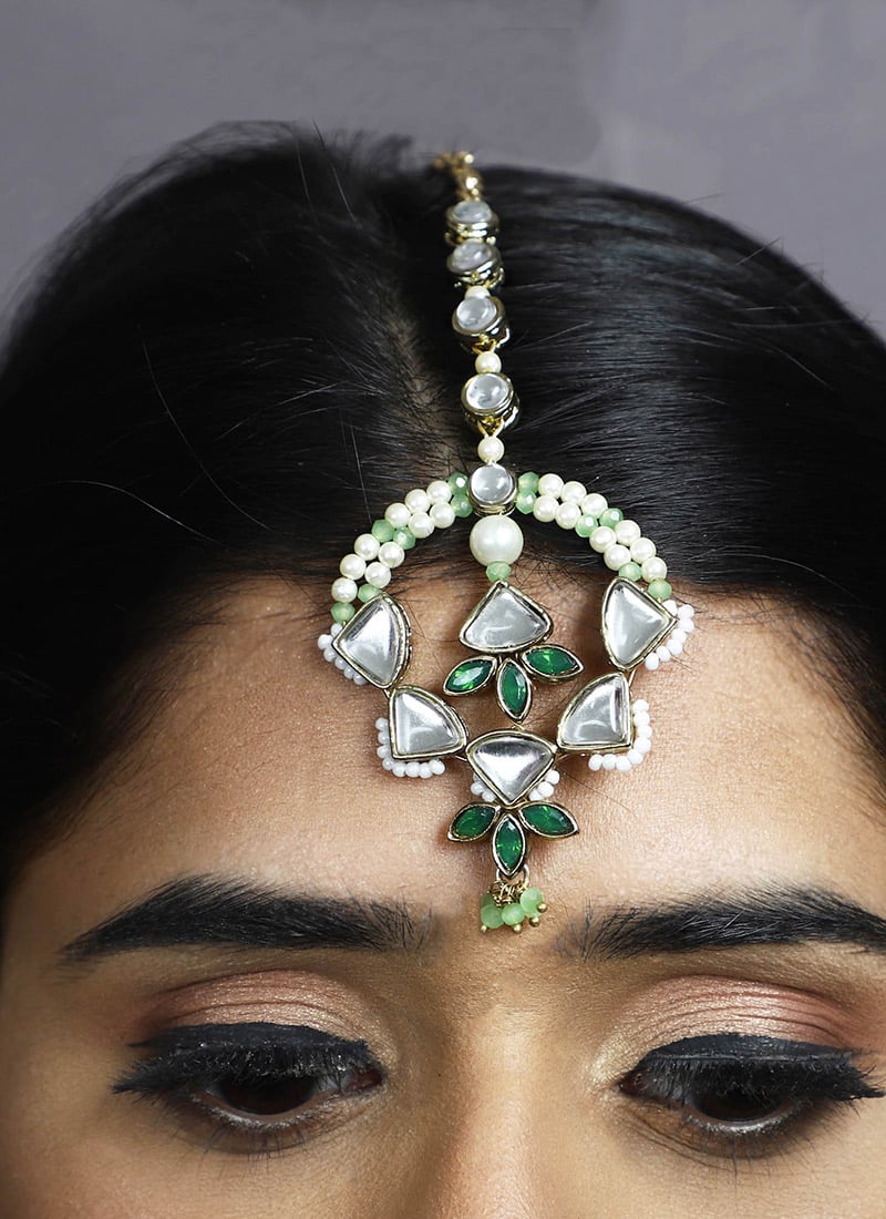 Green Gold Plated Kundan And Beads Mangtikka Festive Wear