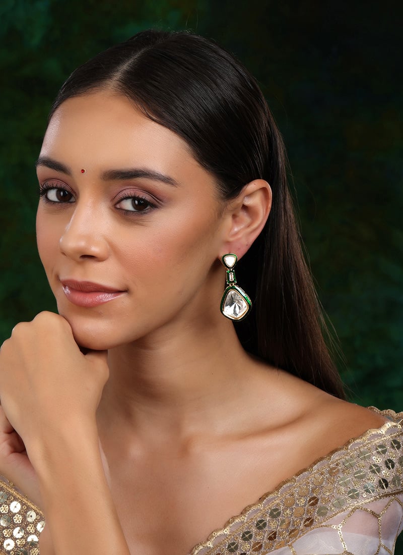 Green Gold Plated Kundan And Meenakari Danglers After Six Wear