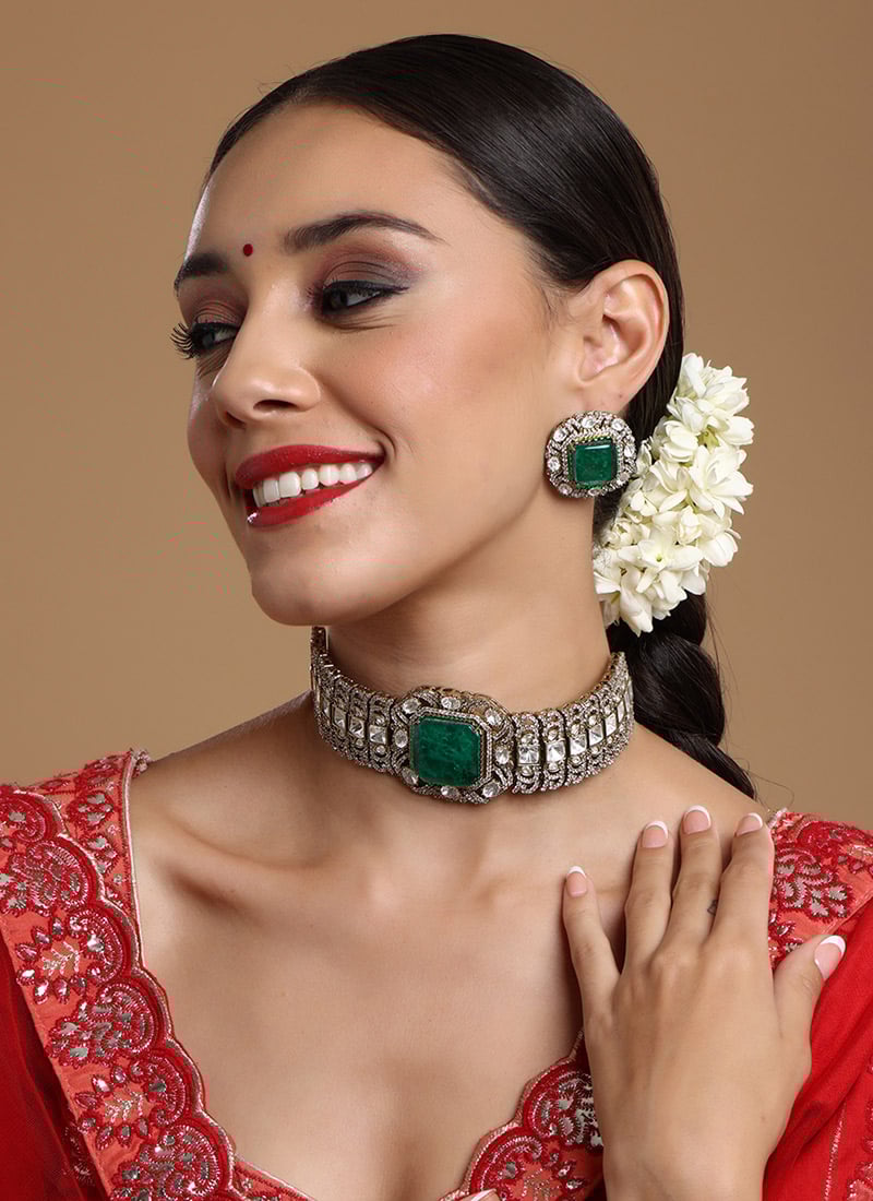 Green Gold Plated Kundan And Stone Work Choker Wedding Wear