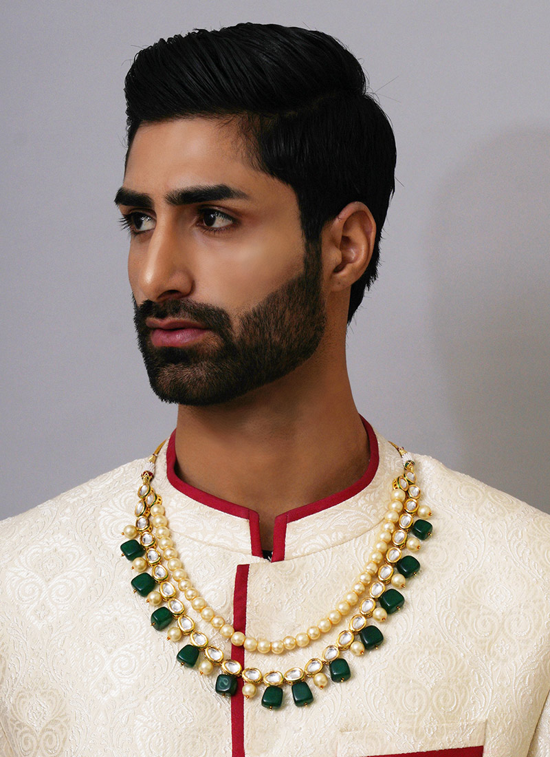 Green Gold Plated Kundan Pearl Layered Necklace For Men Wedding Wear