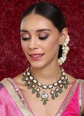 Green Gold Plated Kundan Studded With Meenakari Stone Work Necklace