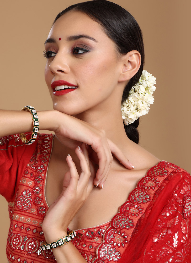 Green Gold Plated Kundan Studded With Meenakari Work Kada Wedding Wear