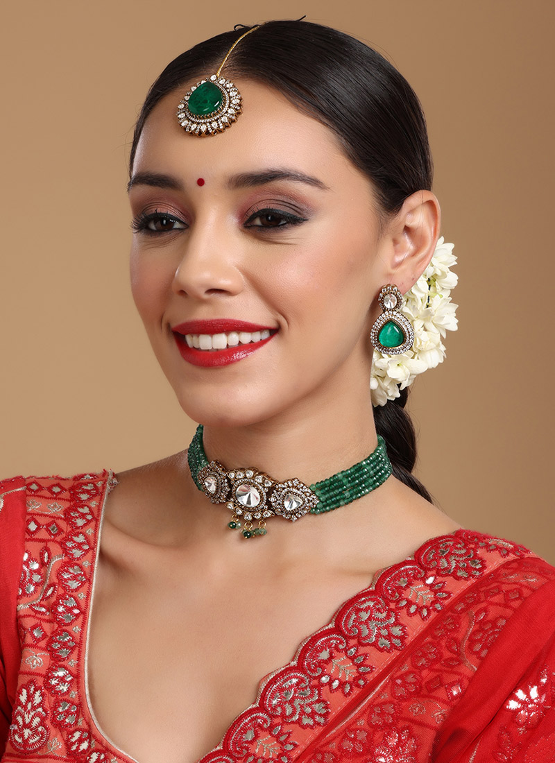 Green Gold Plated Kundan Studded With Pearl And Stone Work Choker Wedding Wear