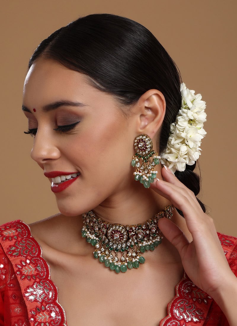 Green Gold Plated Kundan Studded With Stone And Pearl Work Necklace Wedding Wear