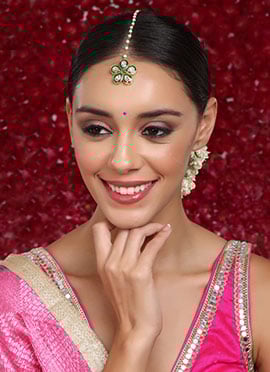 Green Gold Plated Kundan With Meenakari And Pearl Work Maangtikka