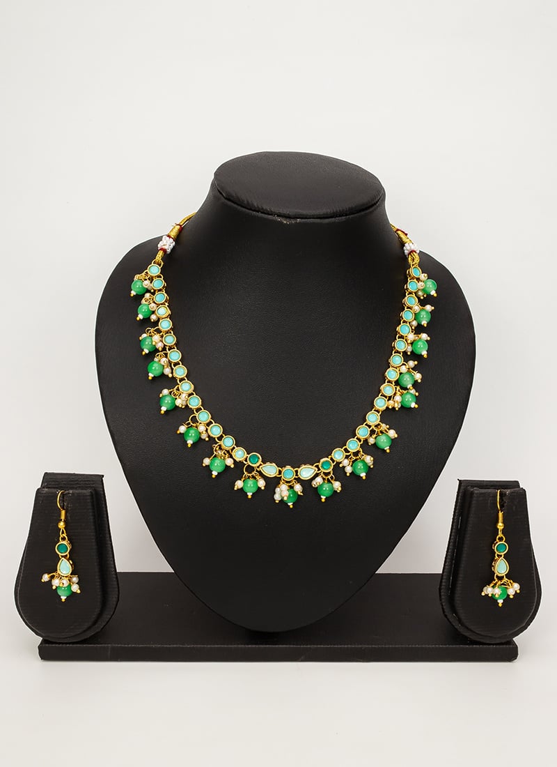 Green Gold Plated Kundan With Moti And Beads Necklace Festive Wear