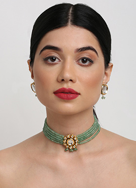 Green Gold Plated Kundan Work Beads And Stone Choker