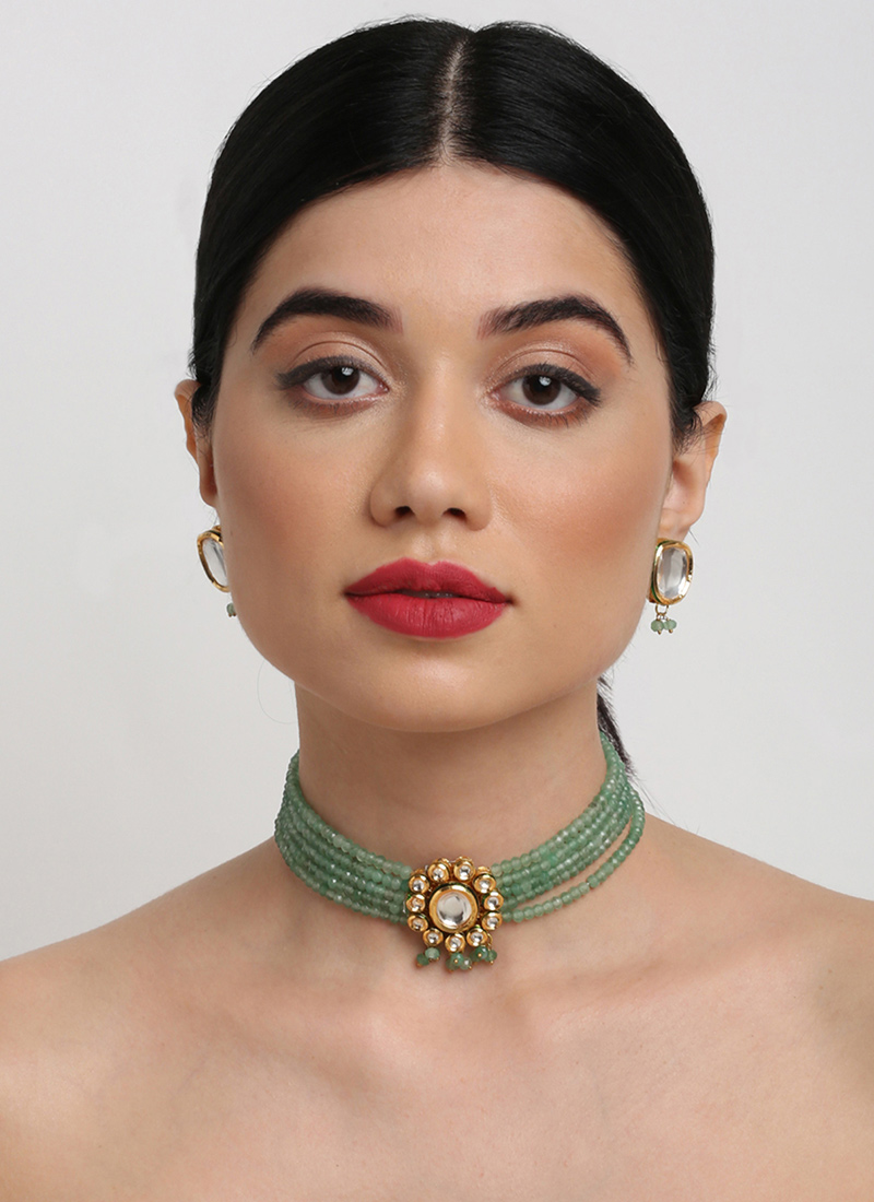 Green Gold Plated Kundan Work Beads And Stone Choker Party Wear