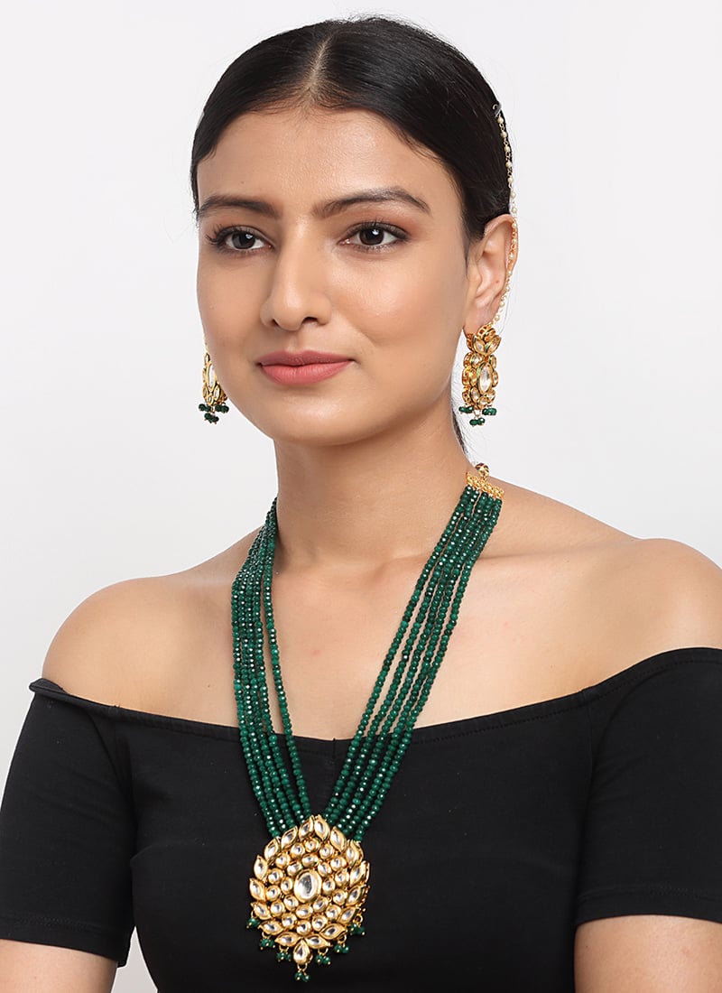 Green Gold Plated Kundan Work Beads And White Stone Necklace Party Wear