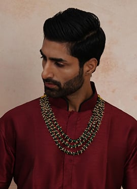 Green Gold Plated Pearl And Beads Layered Necklace For Men