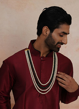 Green Gold Plated Pearl Layered Necklace For Men