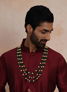 Green Gold Plated Pearl Layered Necklace For Men