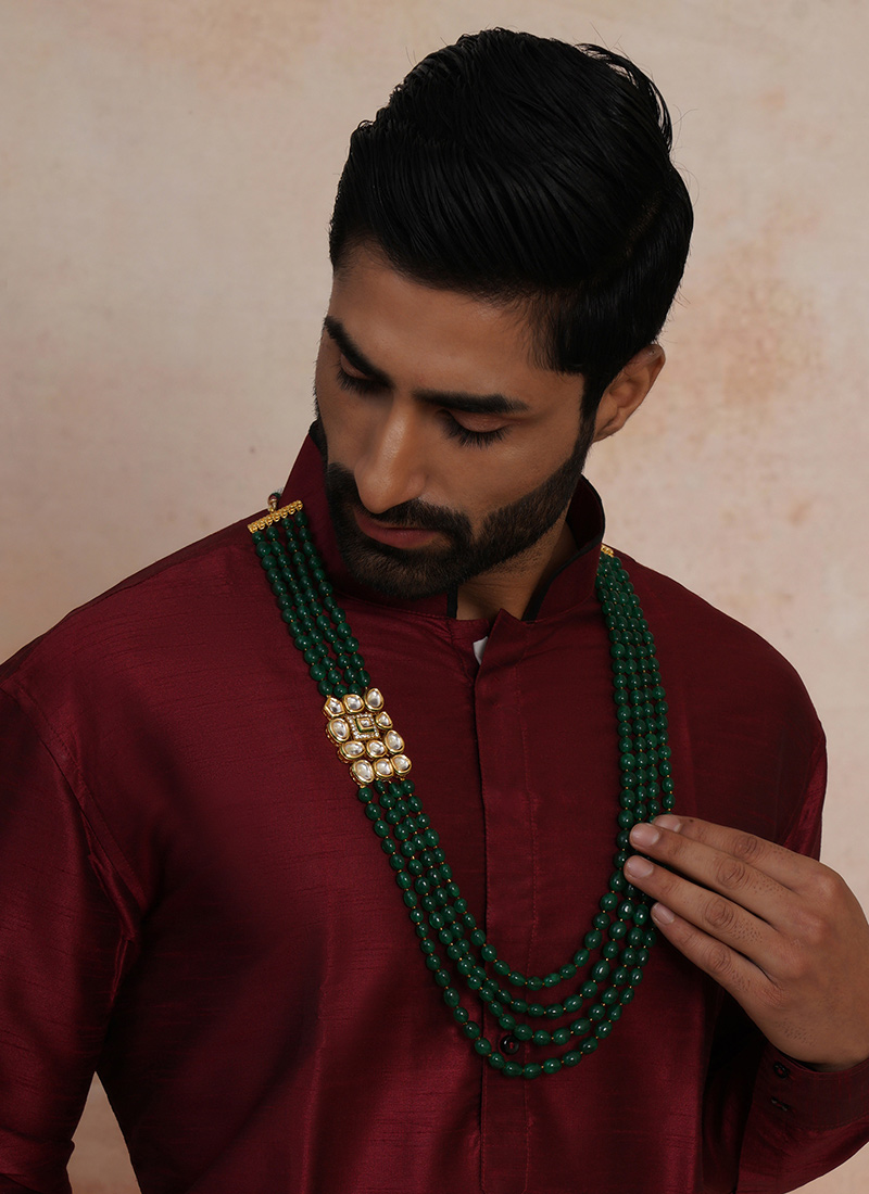 Green Gold Plated Pearl Layered Necklace For Men Wedding Wear