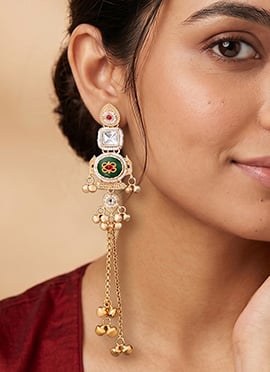 Green Golden Kundan Long Chain Chandelier Earrings