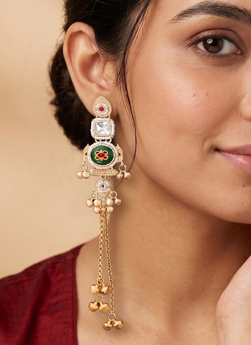 Green Golden Kundan Long Chain Chandelier Earrings After Six Wear