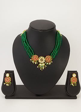 Green Golden Plated Kundan And Beads Work Choker