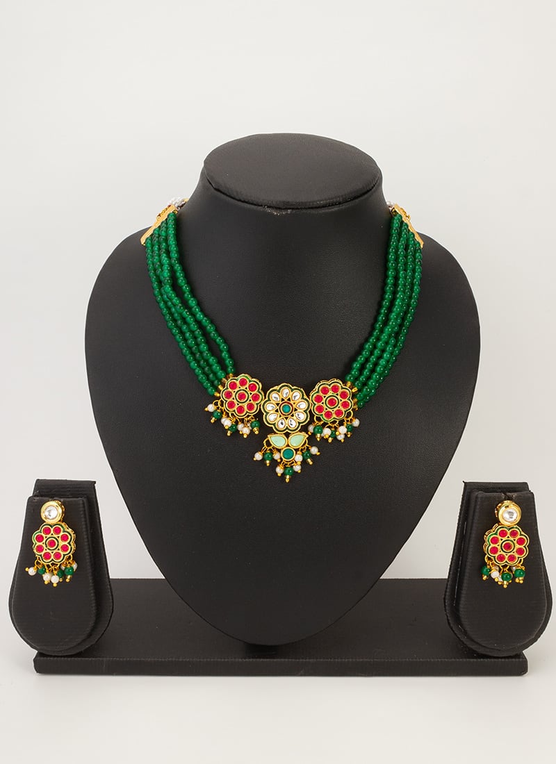 Green Golden Plated Kundan And Beads Work Choker Festive Wear