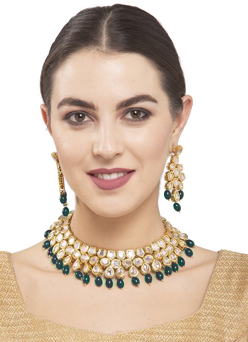 Green Golden Plated Kundan Beads Necklace Set