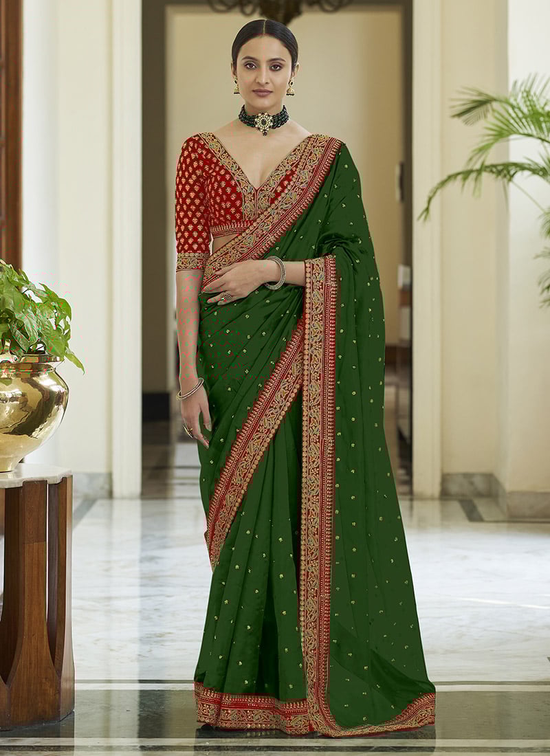 Green Golden Sequins Thread Work Saree Party Wear