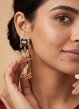 Green Golden Temple Style Long Chain Dangler Earrings