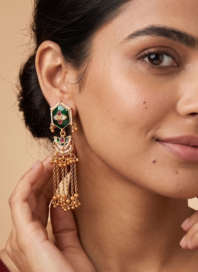 Green Golden Temple Style Long Chain Dangler Earrings After Six Wear