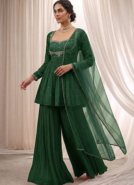 Green Hand Embroidered Beads Cutdana Sequins Georgette Palazzo Suit