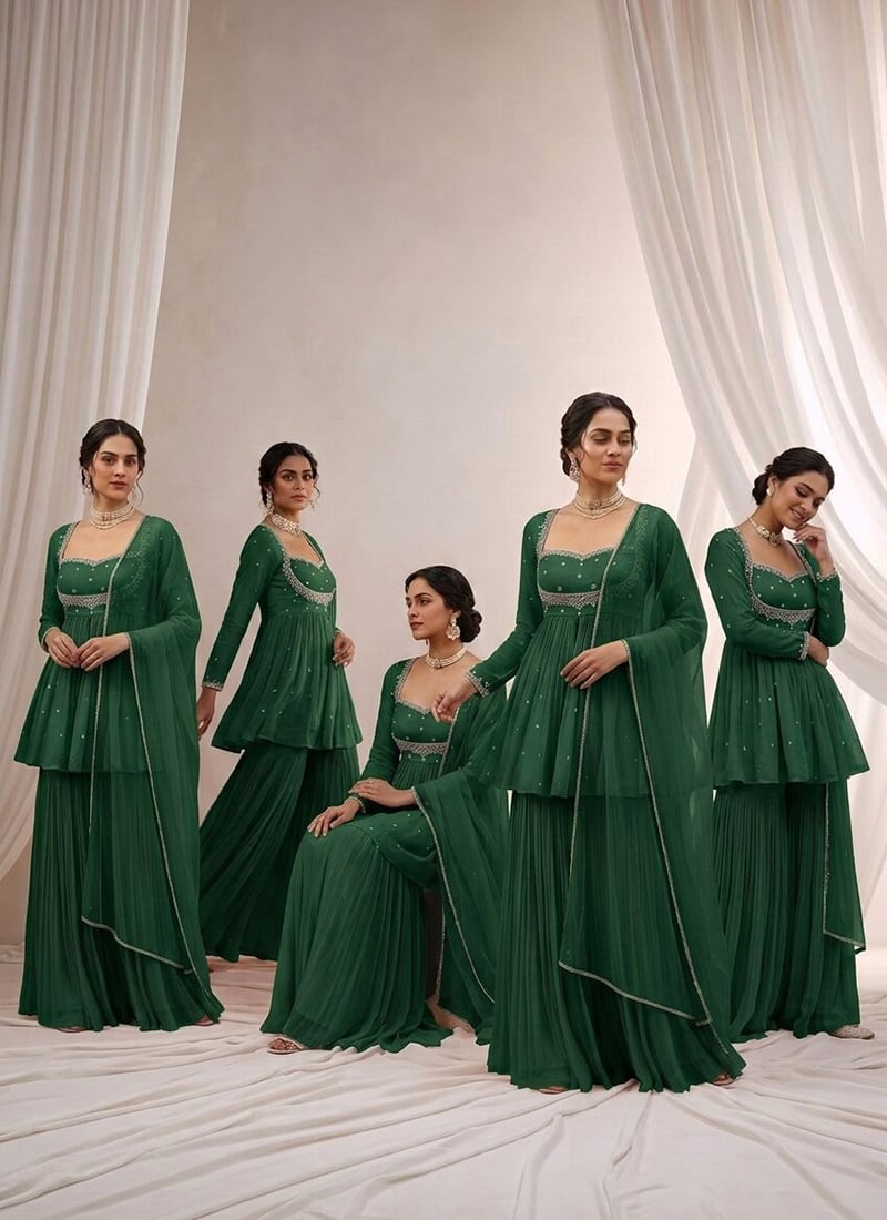 Green Hand Embroidered Beads Cutdana Sequins Georgette Palazzo Suit Wedding Wear