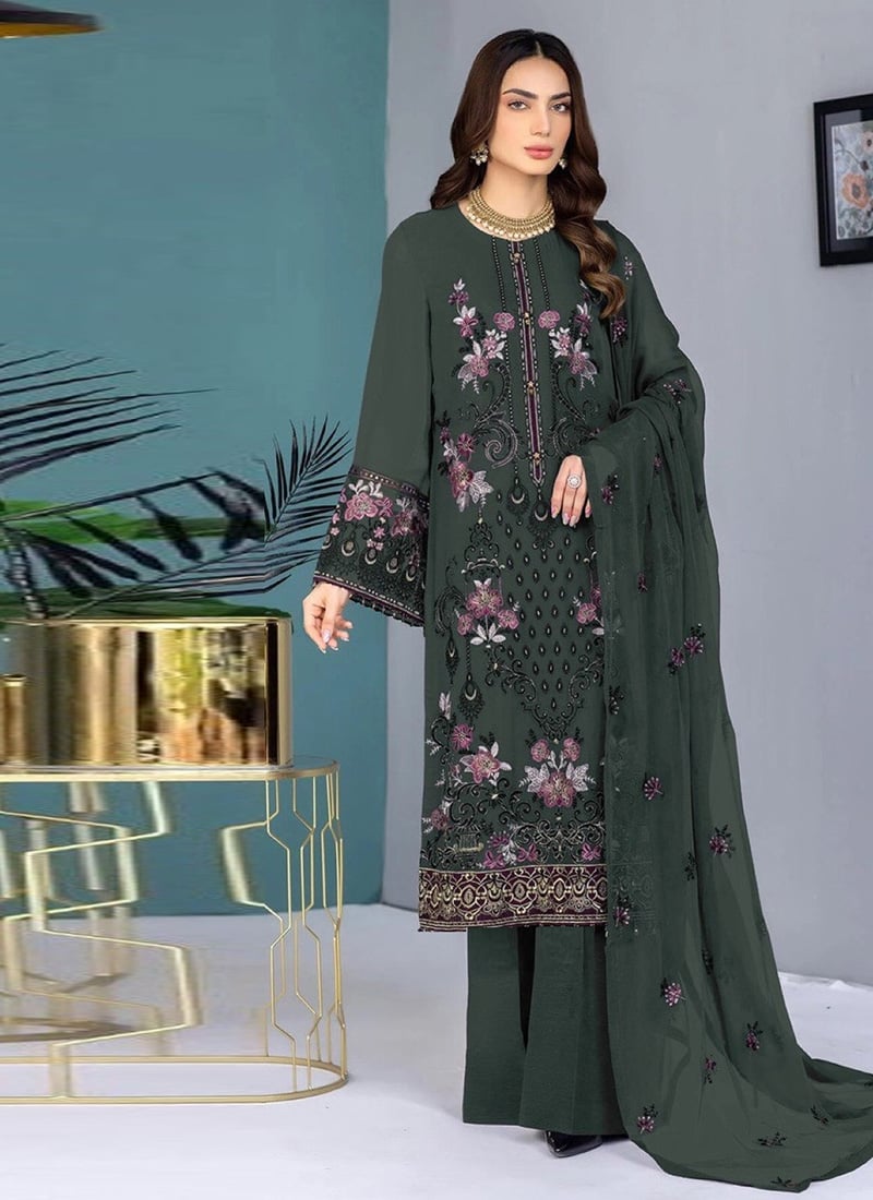 Green Hand Embroidered Georgette Pakistani Straight Pant Suit Festive Wear