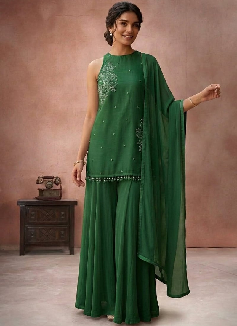 Green Hand Embroidered With Beads Work Georgette Palazzo Suit Festive Wear
