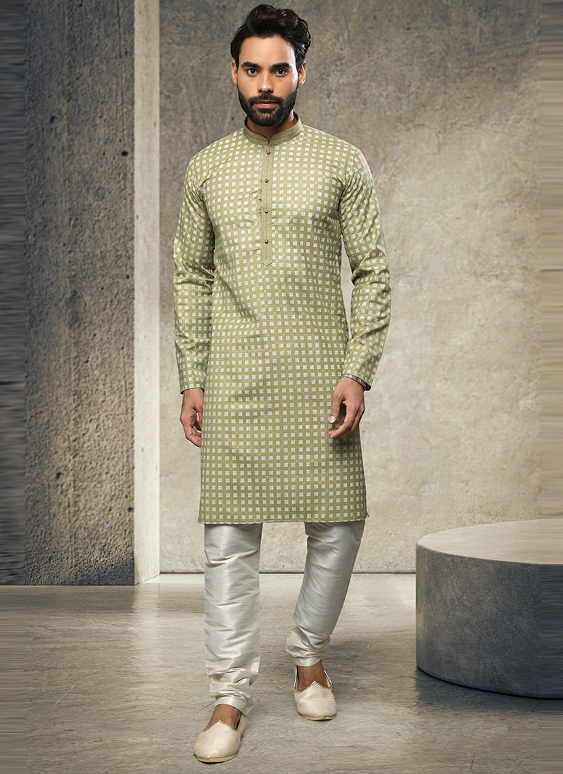 Green Handloom Cotton Kurta Pyjama Party Wear