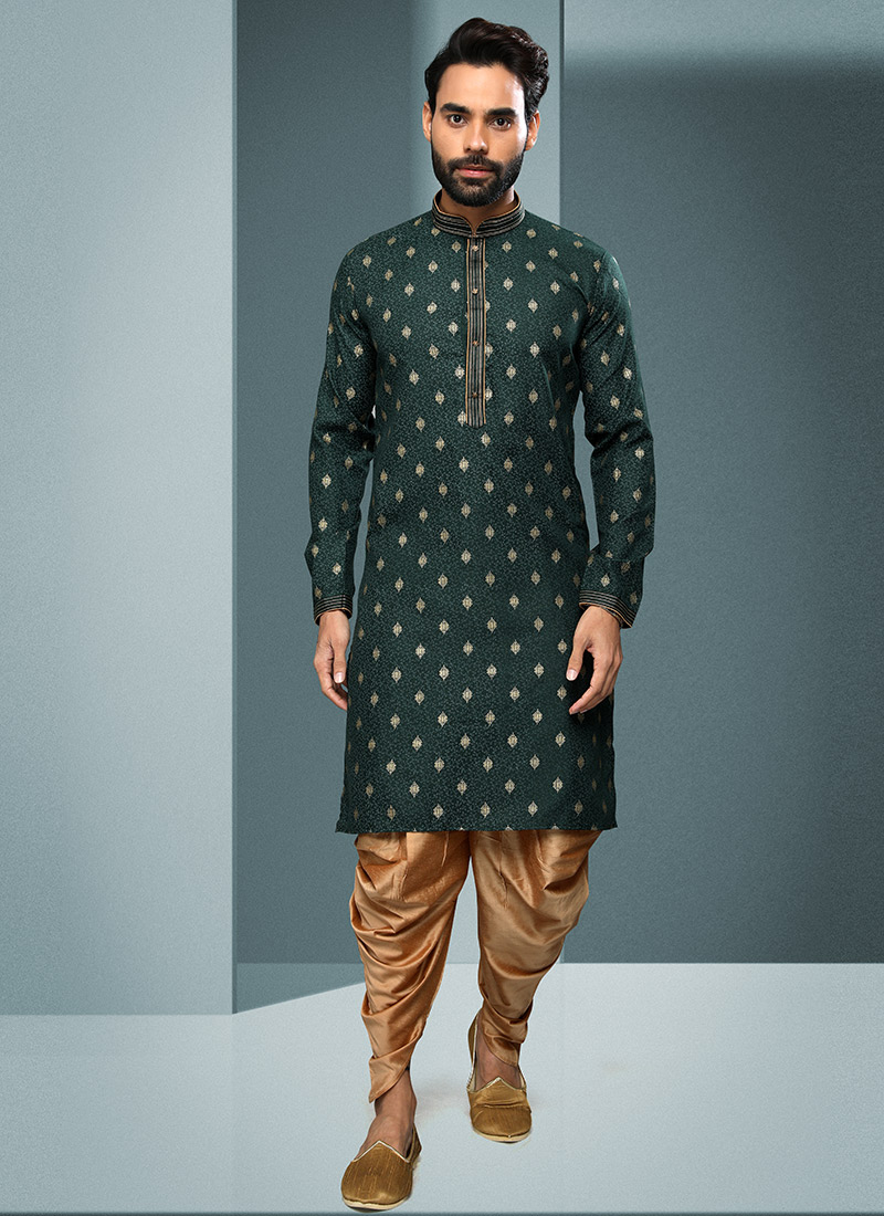 Green Handloom Cotton Printed Kurta Pyjama Party Wear