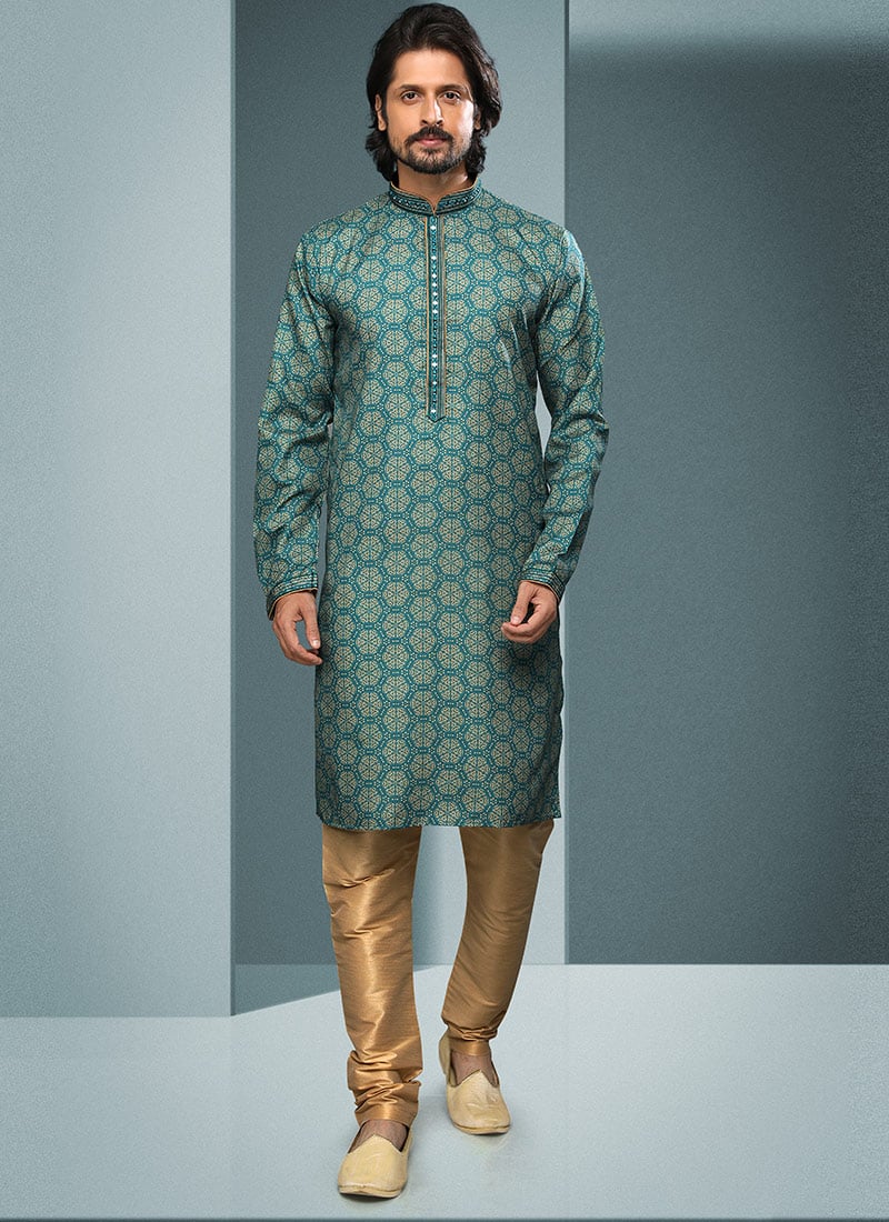 Green Handloom Cotton Printed Kurta Pyjama Party Wear