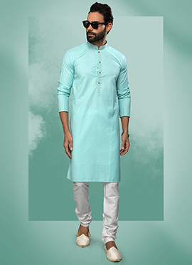 Green Handloom Cotton Solid Stitch Kurta Pyjama