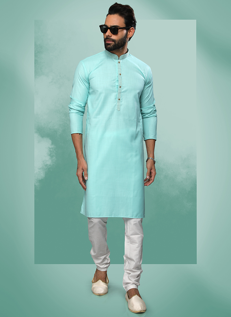Green Handloom Cotton Solid Stitch Kurta Pyjama Party Wear