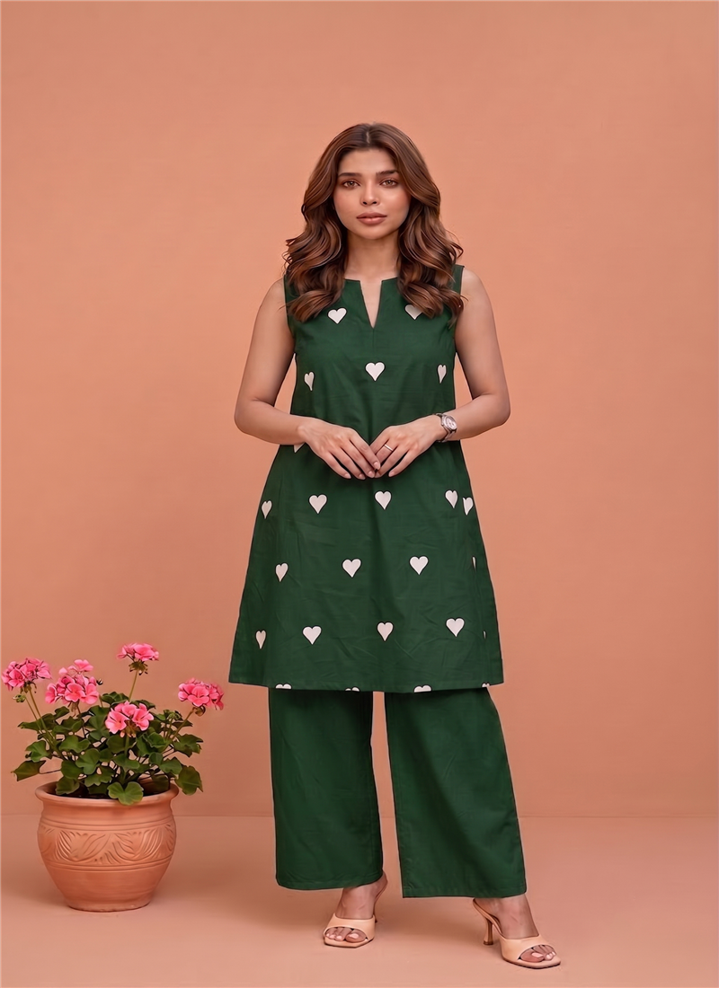 Green Heart Print Sleeveless Cotton Kurta Pant Set After Six Wear