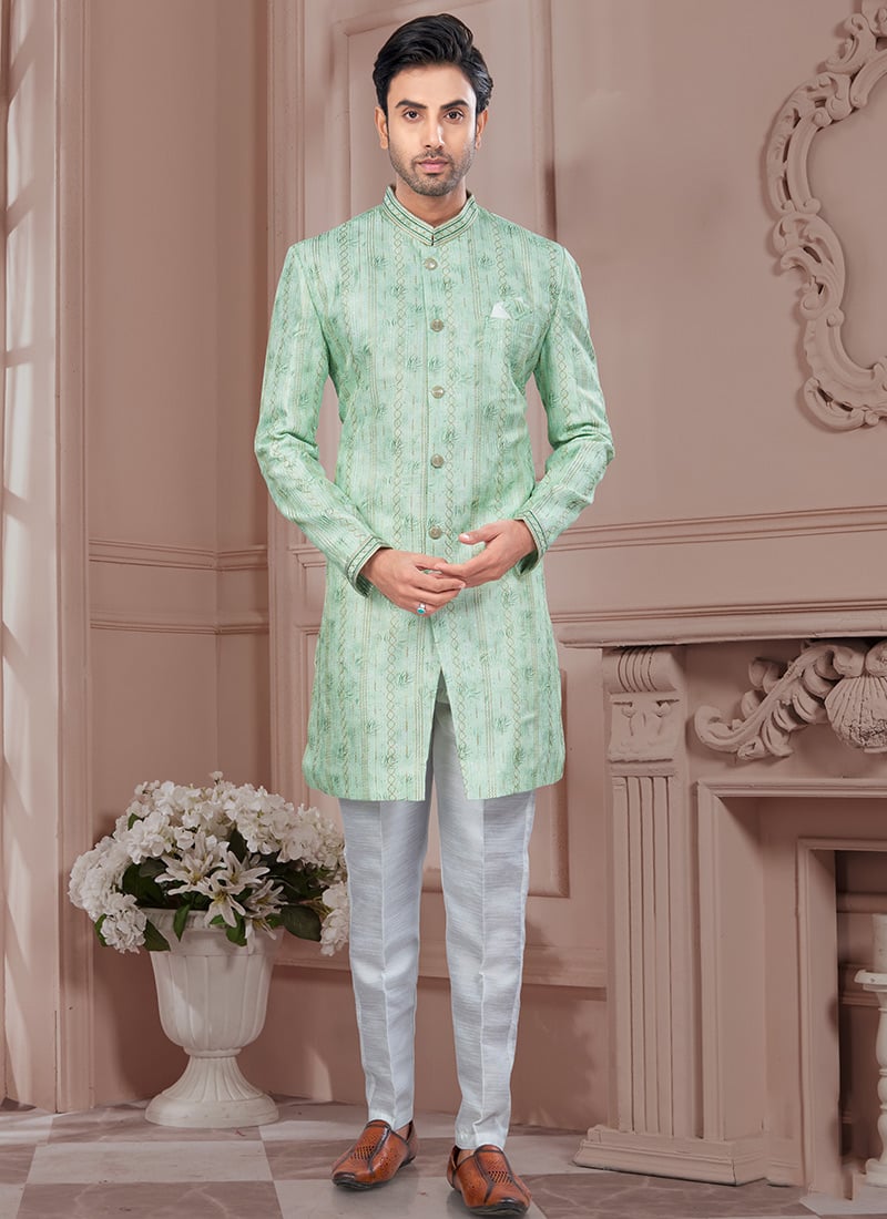 Green Imported Silk Embroidered Sequins Indowestern Sherwani Festive Wear
