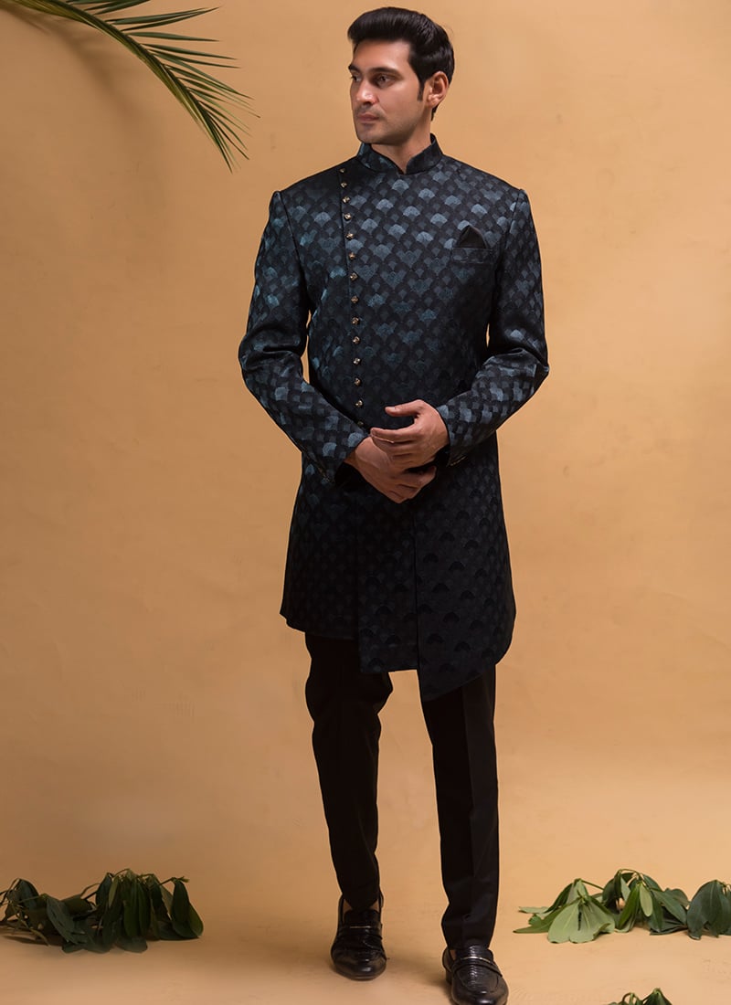 Green Indowestern Sherwani With Resham Embroidered