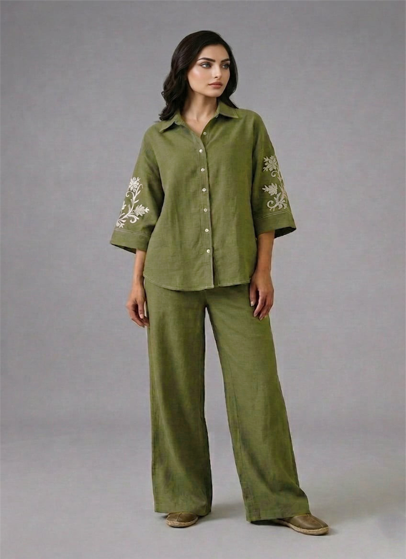 Green Ivory Vine Linen Cotton Co Ord Set After Six Wear