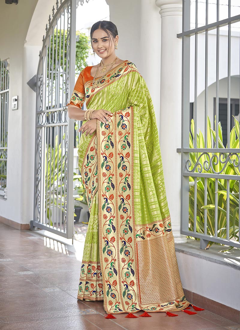 Green Jacquard Banarasi Silk Saree Festive Wear