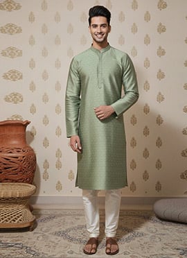 Green Jacquard Embroidered Kurta Pyjama