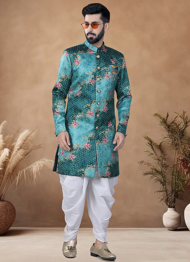Green Jacquard Indowestern Sherwani Wedding Wear