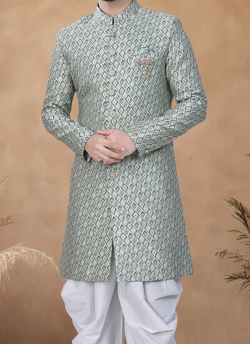 Set pigiama da uomo in jacquard indo-occidentale Sherwani per matrimoni e festività natalizie, Blu Rama, 32