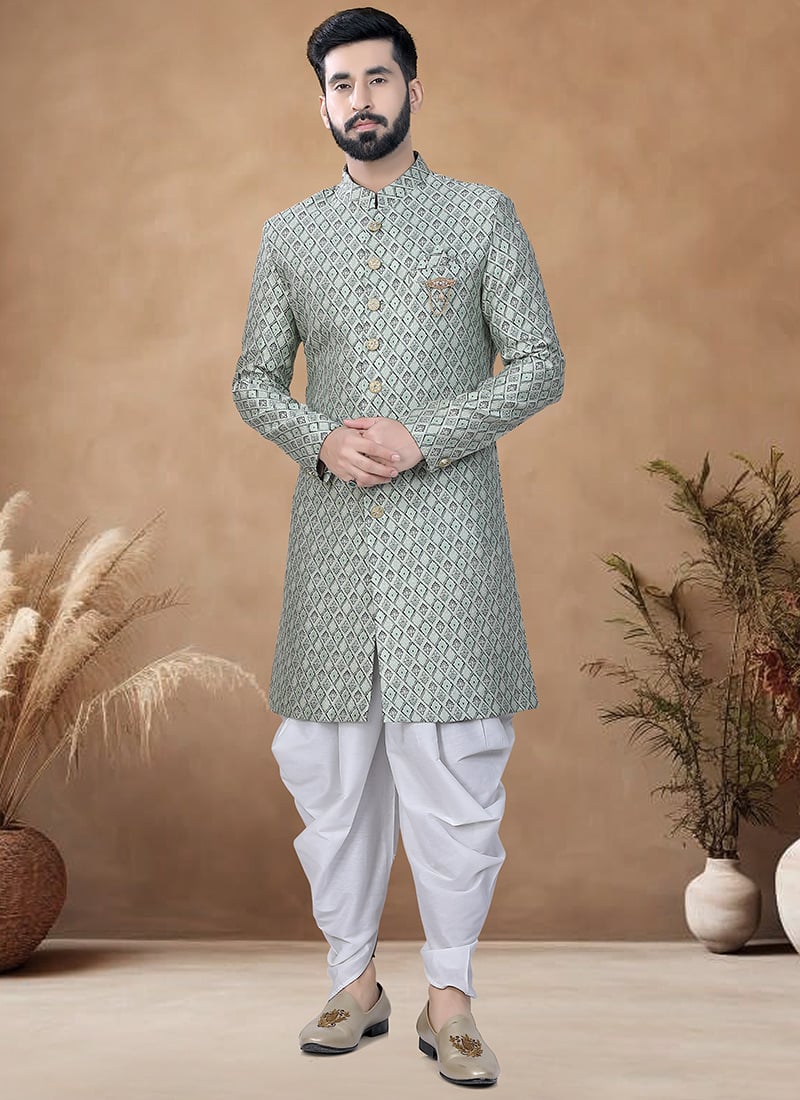 Green Jacquard Indowestern Sherwani Wedding Wear