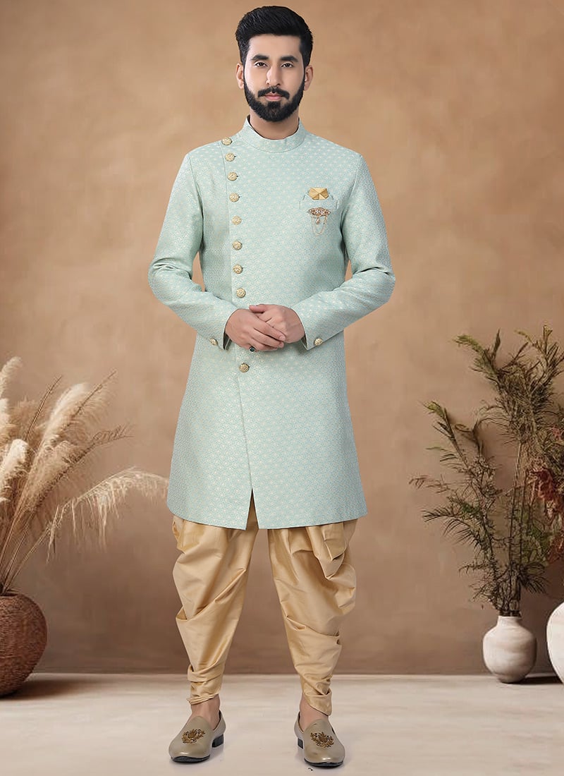 Green Jacquard Indowestern Sherwani Wedding Wear
