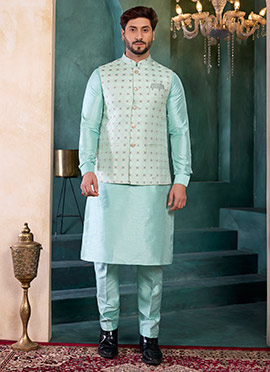 Green Jacquard Silk Bandhgala Jacket