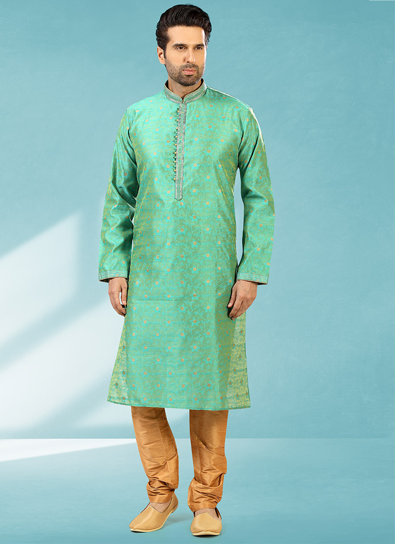 Green Jacquard Silk Brocade Kurta Pyjama Party Wear